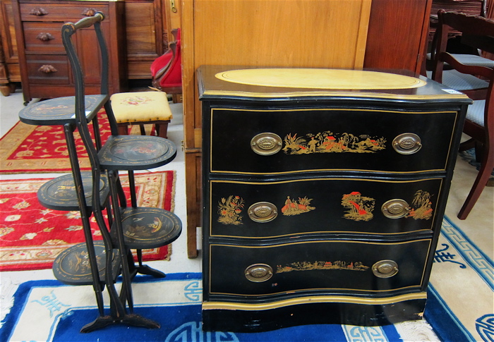 Appraisal: CHINOISERIE PASTRY STANDS AND CHEST English -tier pie and -tier