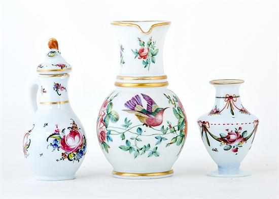 Appraisal: French enamel-decorated opaline glass pitchers and vase th century hummingbird