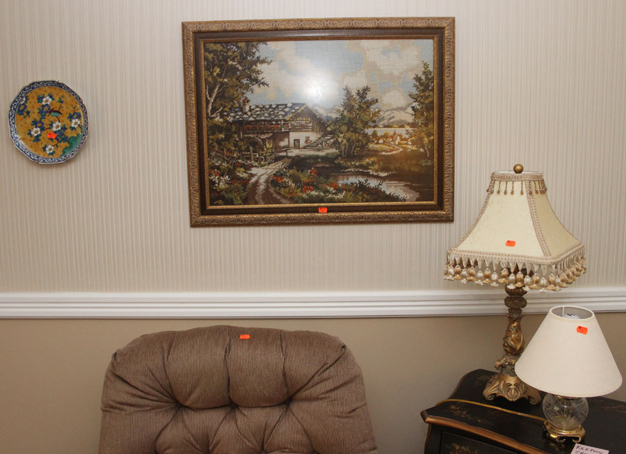 Appraisal: table lamps framed artworks wall plates