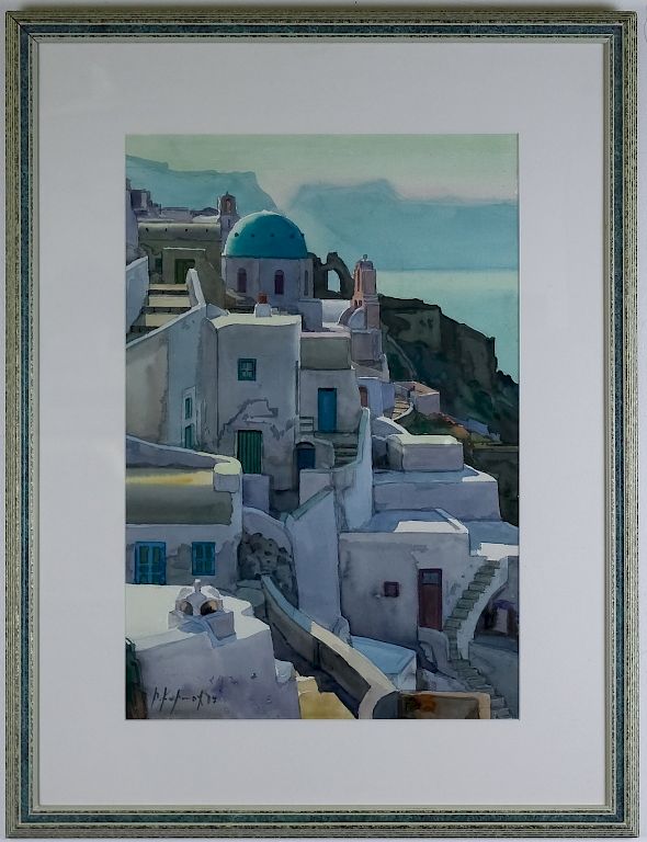 Appraisal: Mystery Artist Greek Cityscape Watercolor Painting th Century artist signed