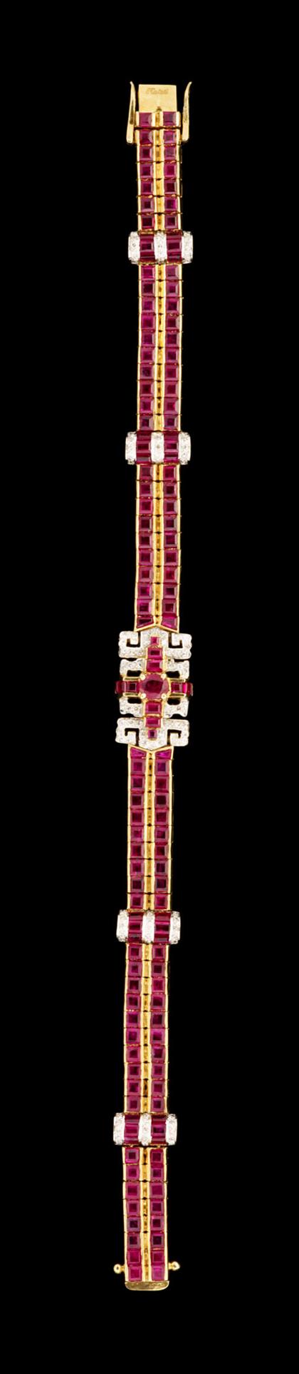 Appraisal: karat yellow gold ruby and diamond bracelet Fifty-four square cut