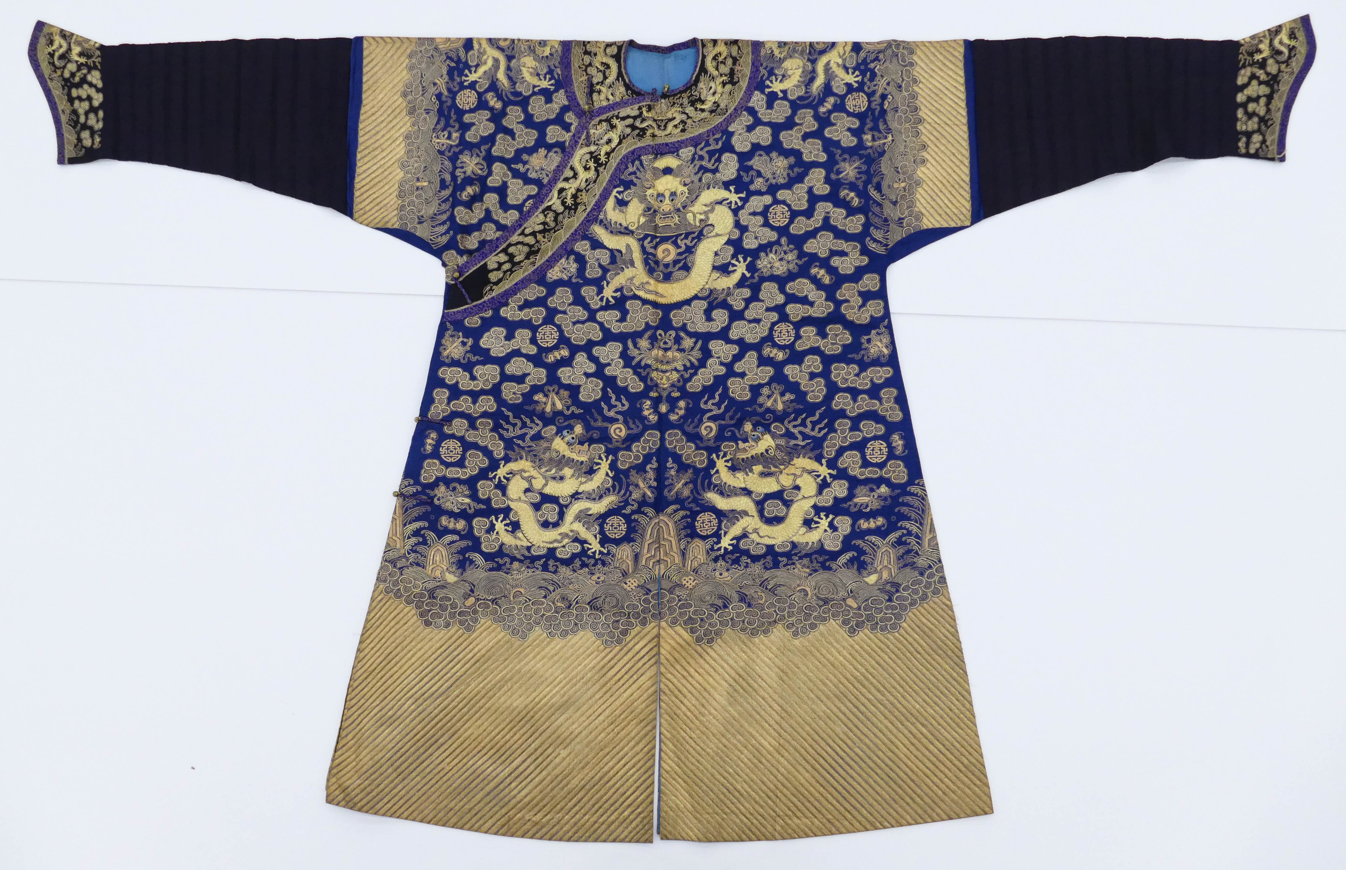 Appraisal: Chinese Qing Blue Imperial Dragon Silk Robe ''x '' Court