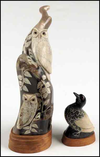 Appraisal: CARVED HORN FIGURE OF TWO OWLS ON PERCH Together with