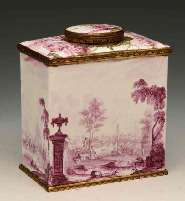 Appraisal: AN TH CENTURY MANGANESE DECORATED ENAMEL TEA CADDY decorated with