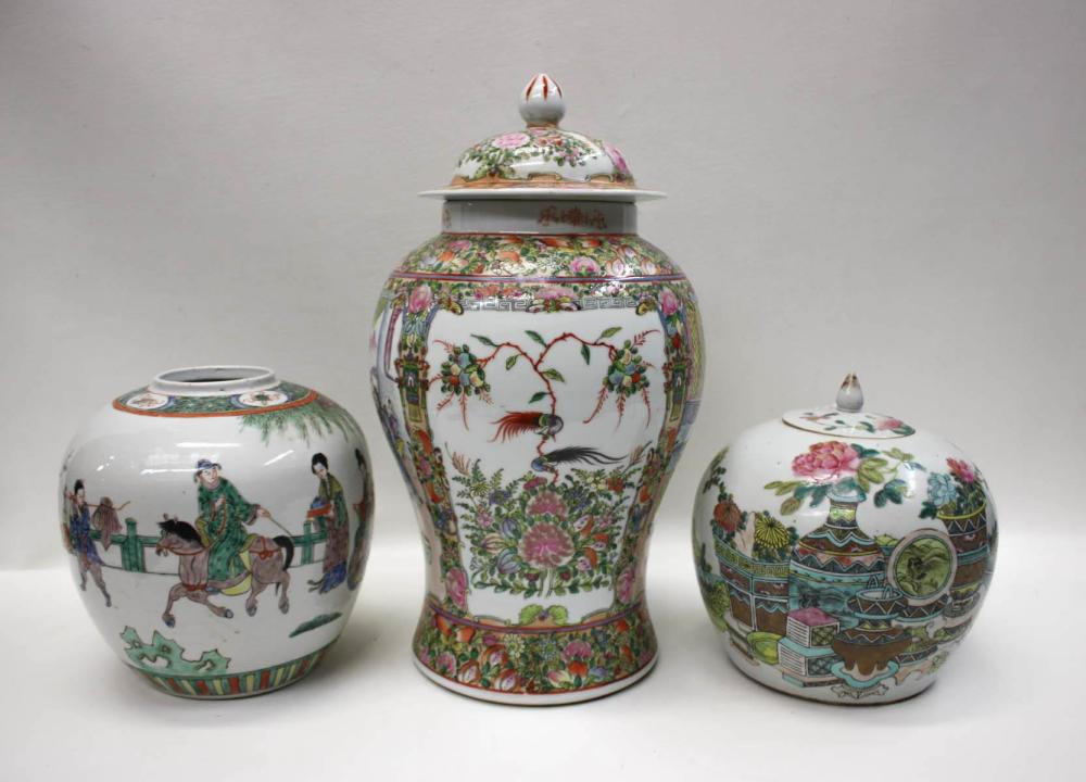 Appraisal: THREE CHINESE HAND PAINTED PORCELAIN VESSELS including Rose Medallion lidded