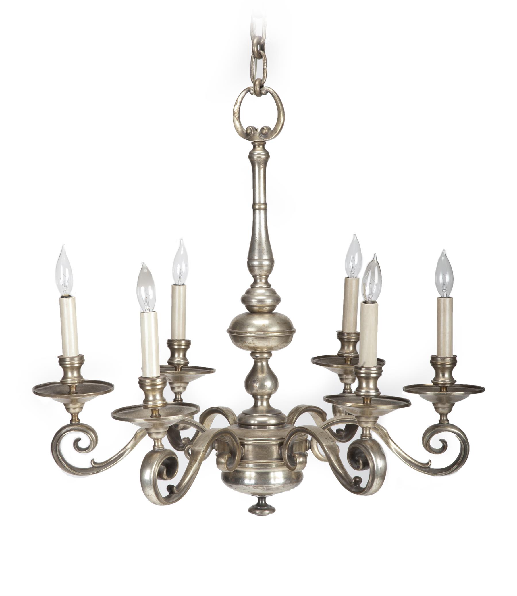 Appraisal: AMERICAN CHANDELIER Twentieth century Brass and tin with worn silver