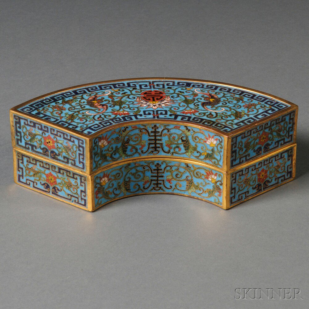 Appraisal: Fan-shaped Cloisonne Covered Box China th century decorated with shou