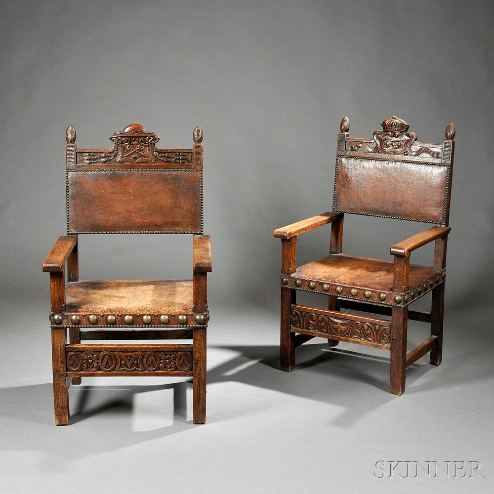 Appraisal: Pair of Gothic Revival Oak and Leather Armchairs late th