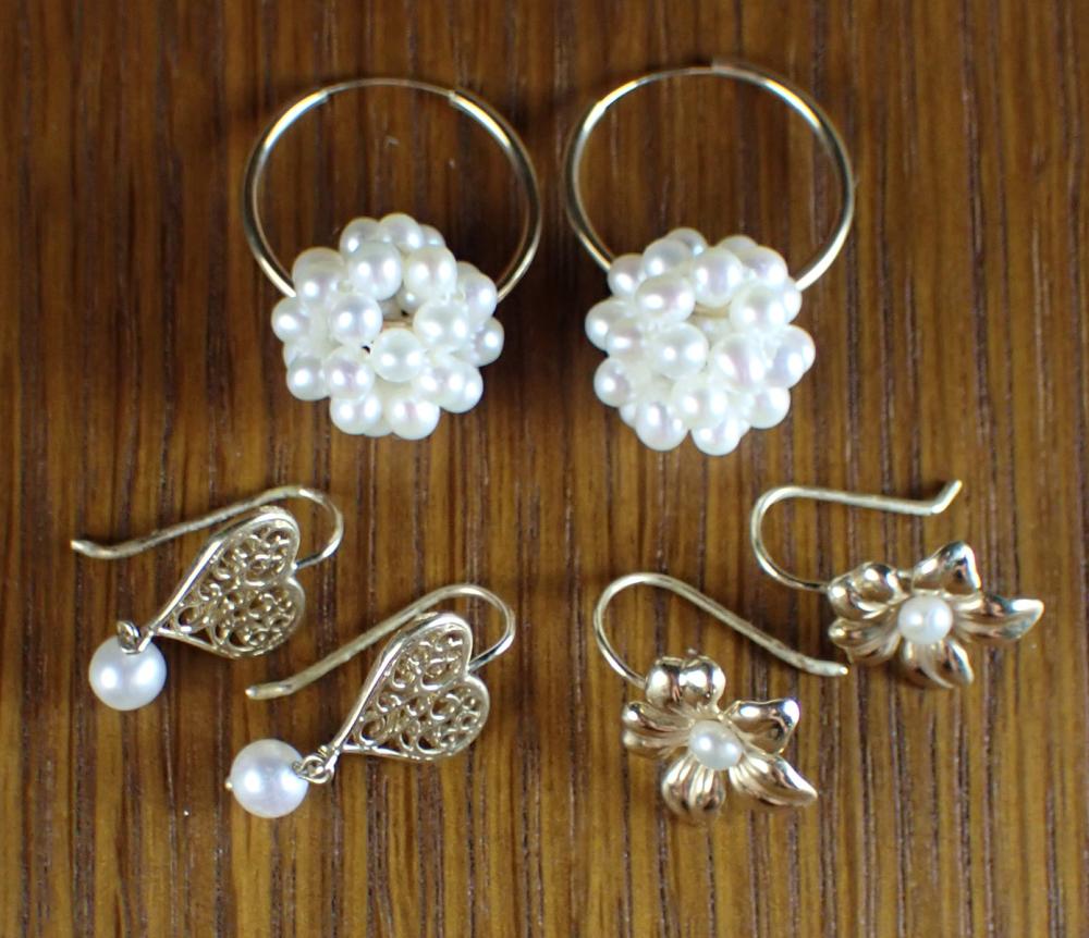 Appraisal: THREE PAIRS OF PEARL AND FOURTEEN KARAT GOLD EARRINGS pair