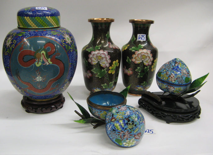 Appraisal: FIVE CHINESE CLOISONNE DECORATIVE ITEMS a covered jar decorated with