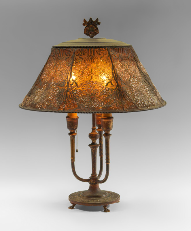 Appraisal: TIFFANY FURNACES BRONZE LAMP WITH MESH SHADE candlesticks form bronze