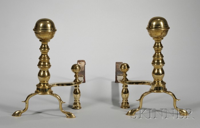 Appraisal: Pair of Brass Belted Ball-top Ring-turned Andirons ht lg in