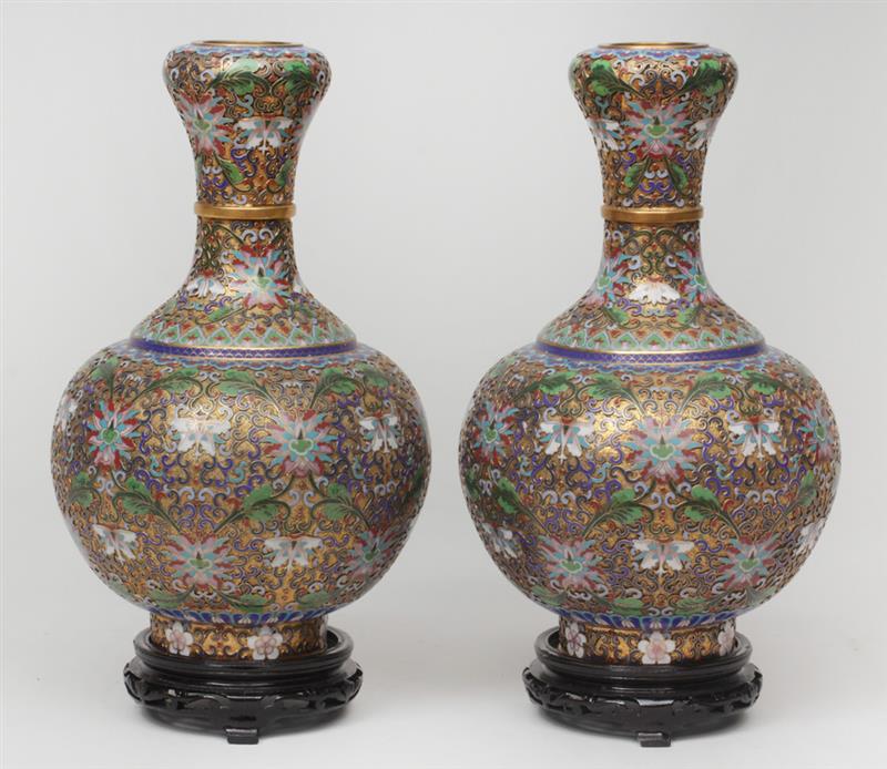 Appraisal: Pair of Modern Chinese Gilt-Ground Champlev Enamel Vases With hardwood