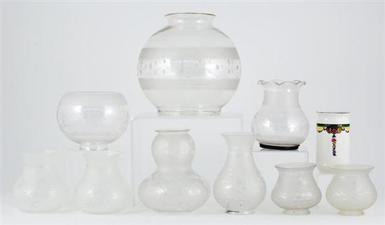 Appraisal: Collection etched glass shades and ceramic vase shades H to