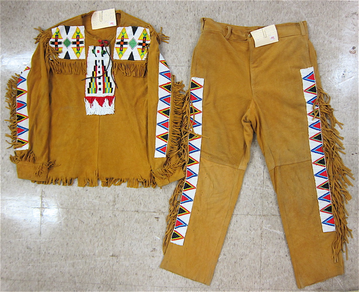 Appraisal: NATIVE AMERICAN HIDE PANTS AND SHIRT with beaded affectation and