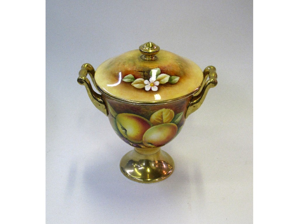 Appraisal: Coalport fruit decorated twin handled cup and cover handpainted with