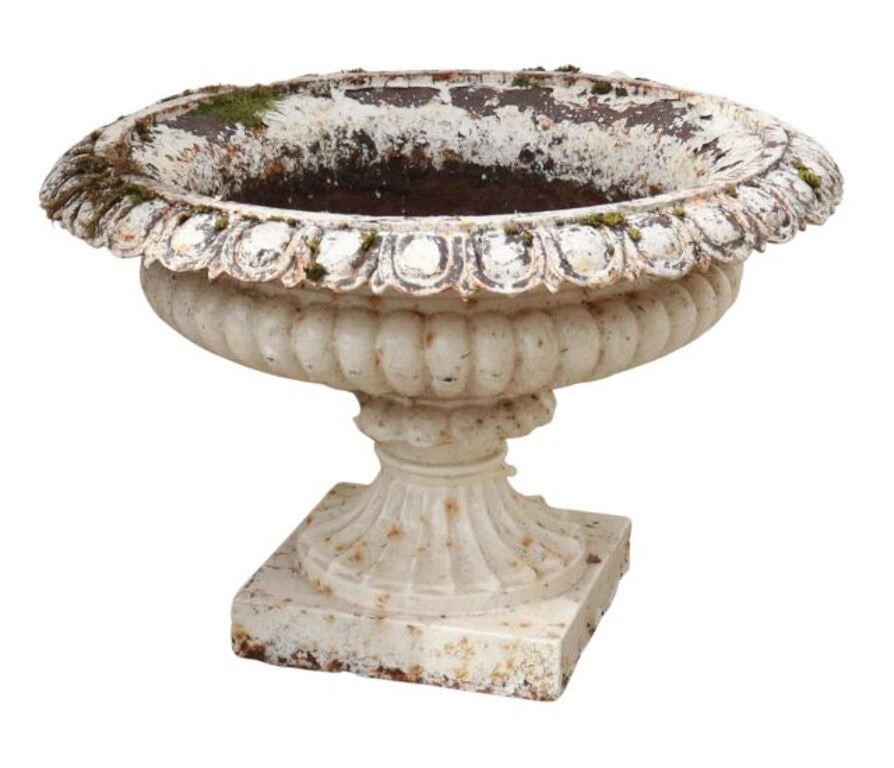 Appraisal: Cast iron garden urn planter egg and dart rim over