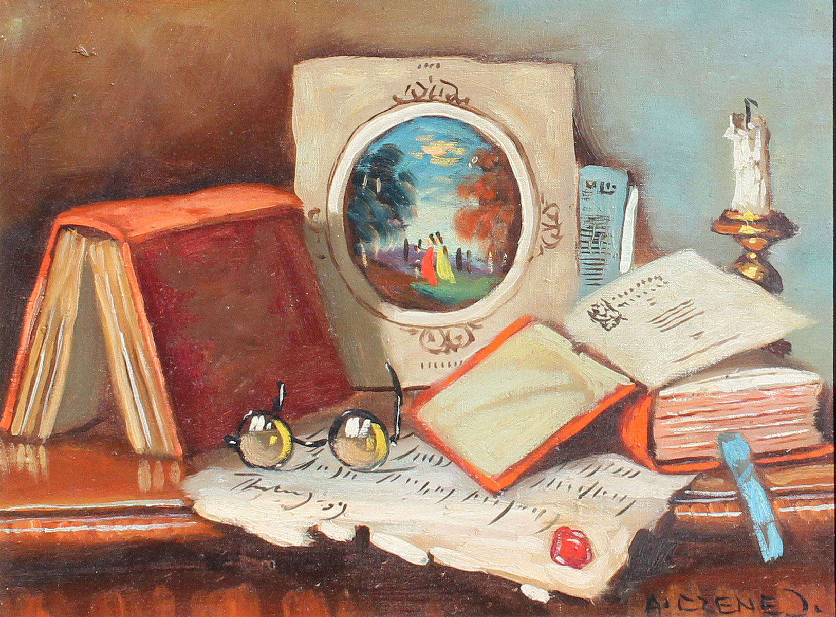 Appraisal: APATFALVI Czene Hungary - Still Life Painting with Books Spectacles