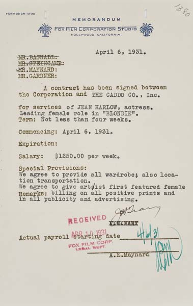 Appraisal: JEAN HARLOW Studio loan agreement between The Caddo Company and