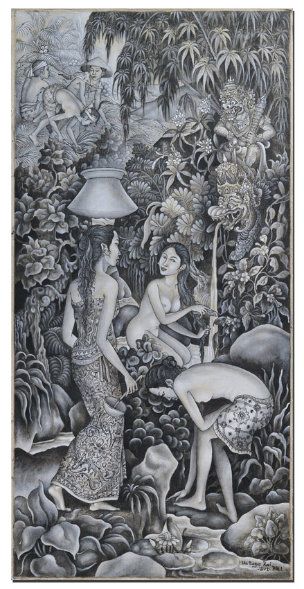 Appraisal: BALINESE EN GRISAILLES PAINTING OF NUDE AND SEMI-NUDE WOMEN BATHING