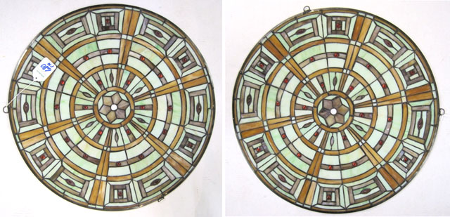 Appraisal: PAIR ROUND DECORATIVE STAINED AND LEADED GLASS WINDOW PANELS Each