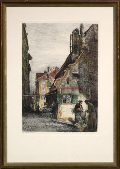 Appraisal: Paul Geissler German - Nuremberg Street Scene hand-colored etching sight