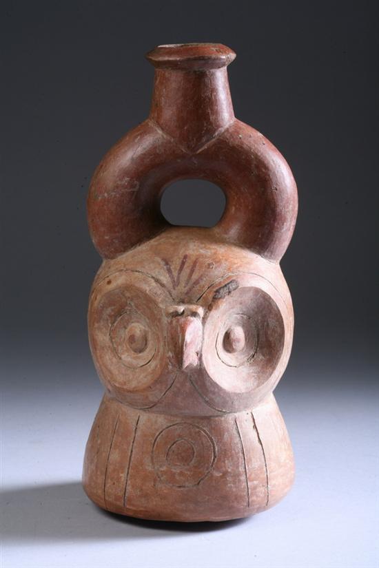 Appraisal: CHAVIN POTTERY OWL VESSEL circa B C Molded and incised