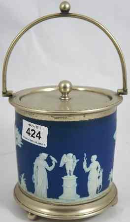 Appraisal: Wedgwood Dark Blue Jasperware Biscuit Barrel with Silver Plated Base