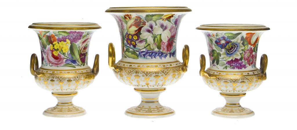 Appraisal: A GARNITURE OF DERBY VASES of campana shape with gilt