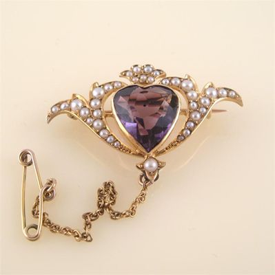 Appraisal: An Edwardian amethyst and seed pearl ct gold brooch the