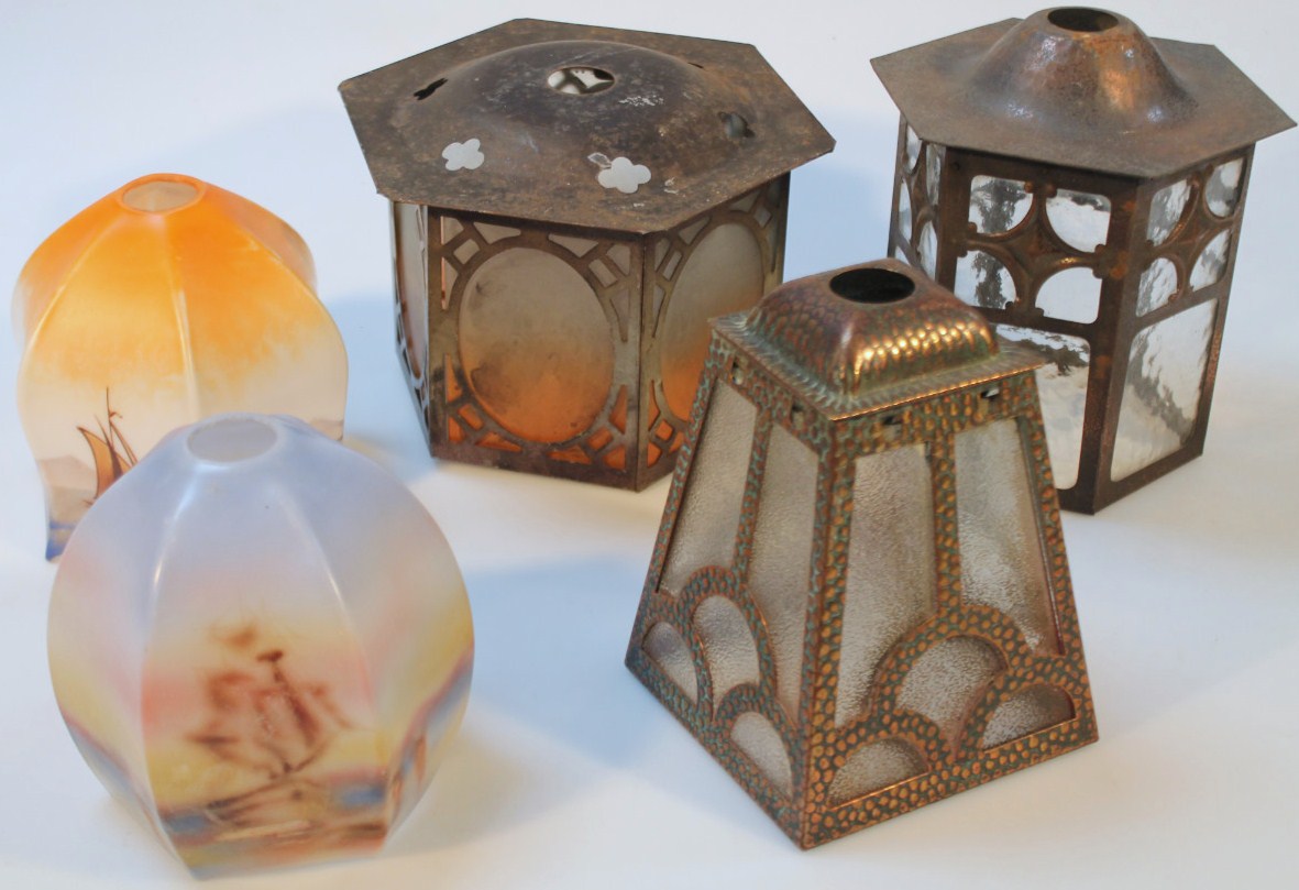 Appraisal: Various glass lantern shades to include Art Nouveau design hammered