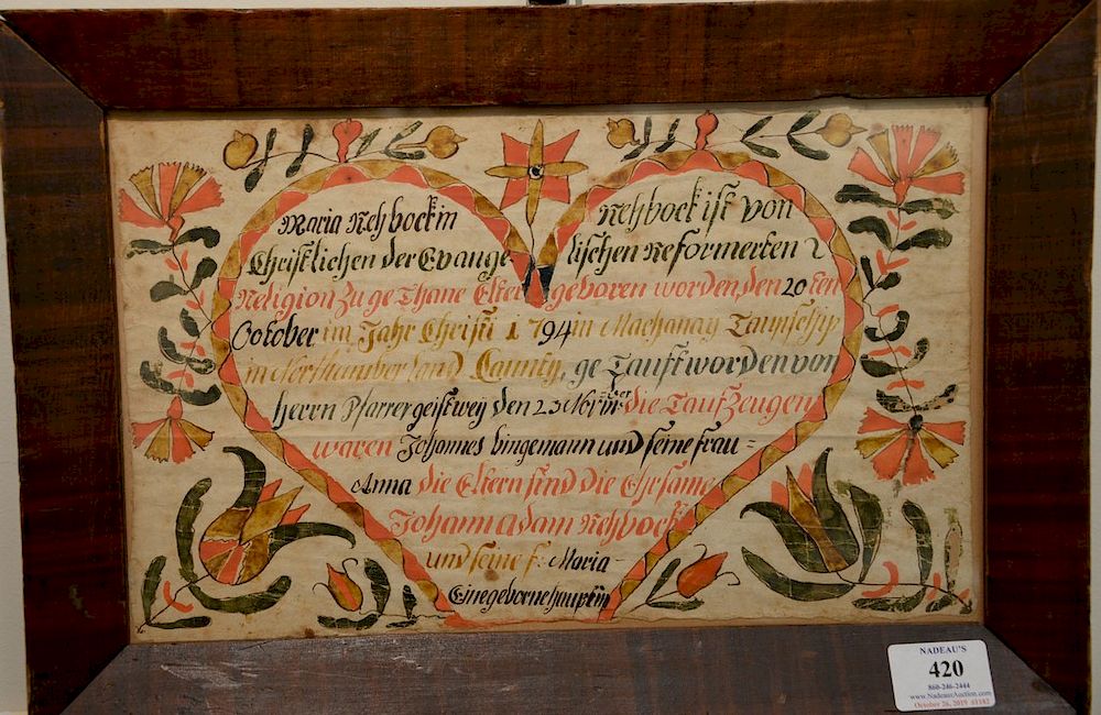 Appraisal: German American Fraktur watercolor on paper a heart with scrolly