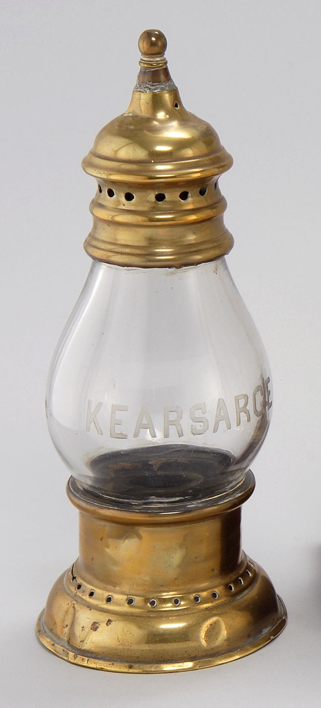 Appraisal: BRASS AND ENGRAVED GLASS LANTERN American th CenturyWith clear glass