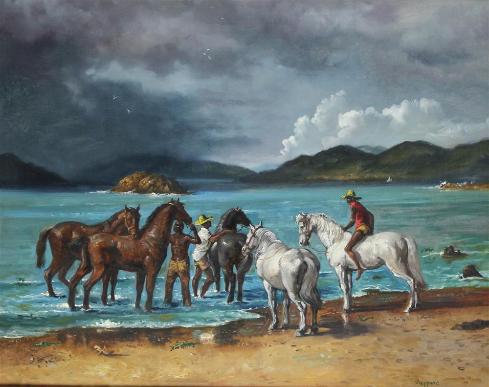 Appraisal: JOSEPH SHEPPARD AMERICAN - HORSES BATHING Oil on canvas x