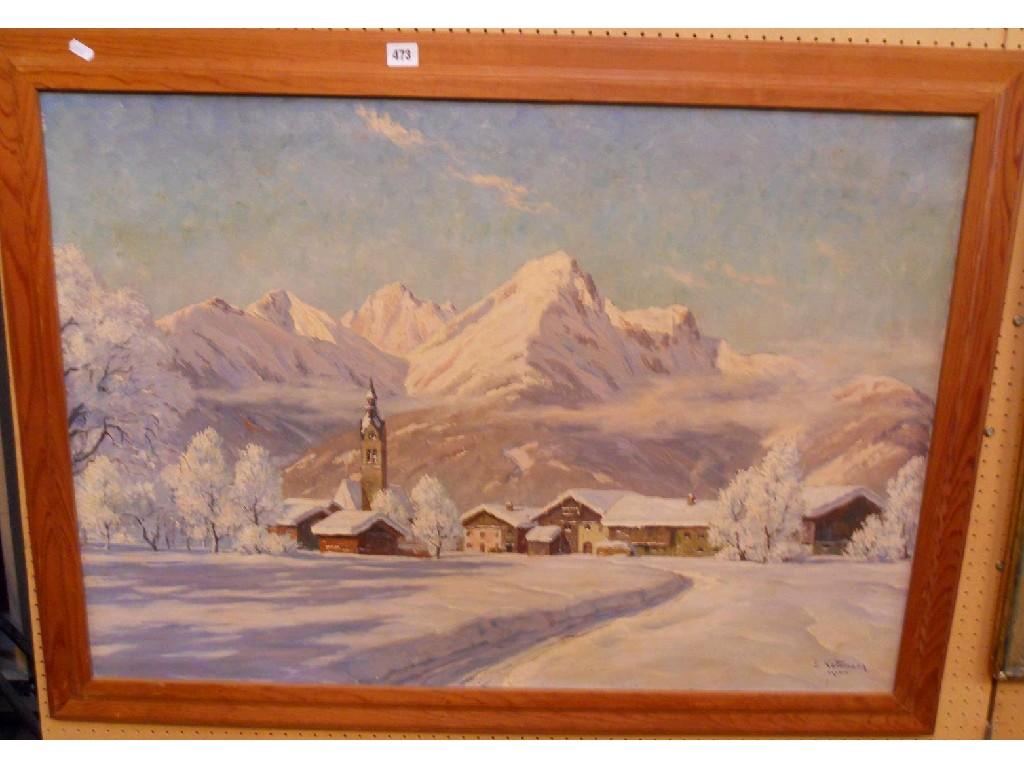 Appraisal: A large oil painting on canvas of an Alpine scene