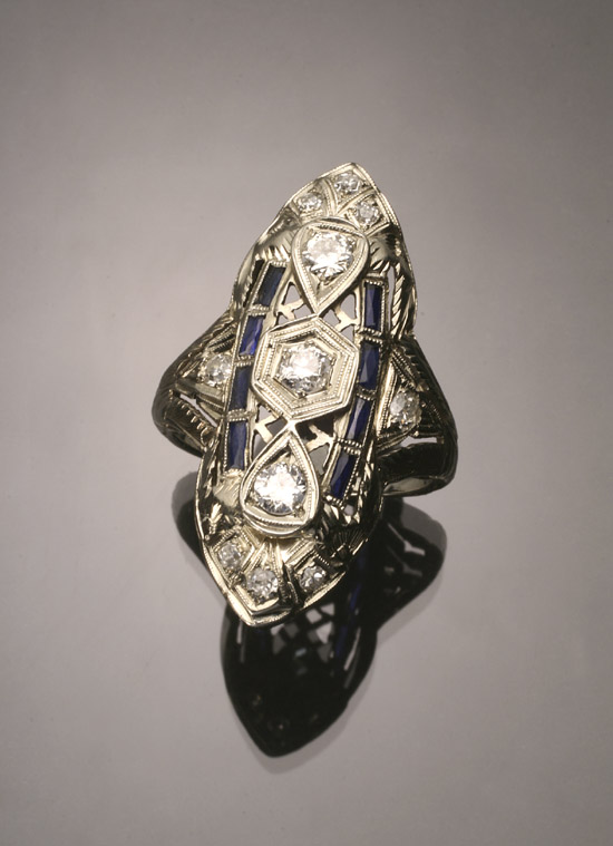 Appraisal: Art Deco Tested -Karat White-Gold Diamond and Synthetic Blue Sapphire