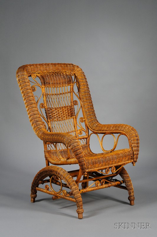 Appraisal: Heywood-Wakefield Attributed Victorian Fancy Natural Woven Wicker Platform Armrocker