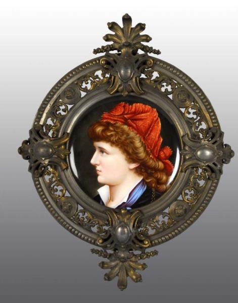 Appraisal: Early Porcelain Plate Featuring Pretty Woman Description In metal frame