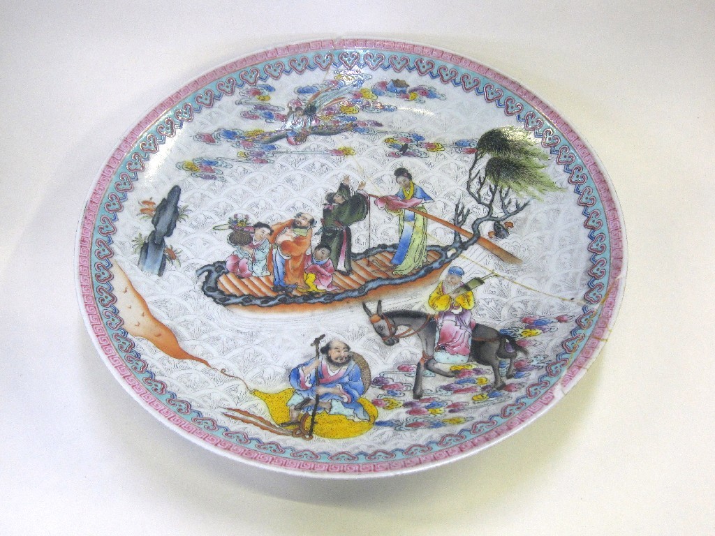 Appraisal: Oriental charger depicting figures on a boat a man on