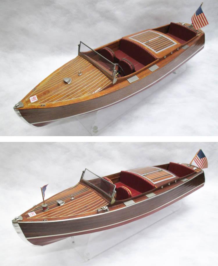 Appraisal: TWO HISTORIC SCALE WOODEN BOAT MODELS both Chris-Craft mahogany runabouts