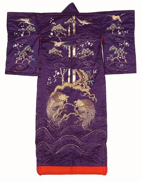 Appraisal: A Japanese purple silk ground outer kimono uchikake With minogame