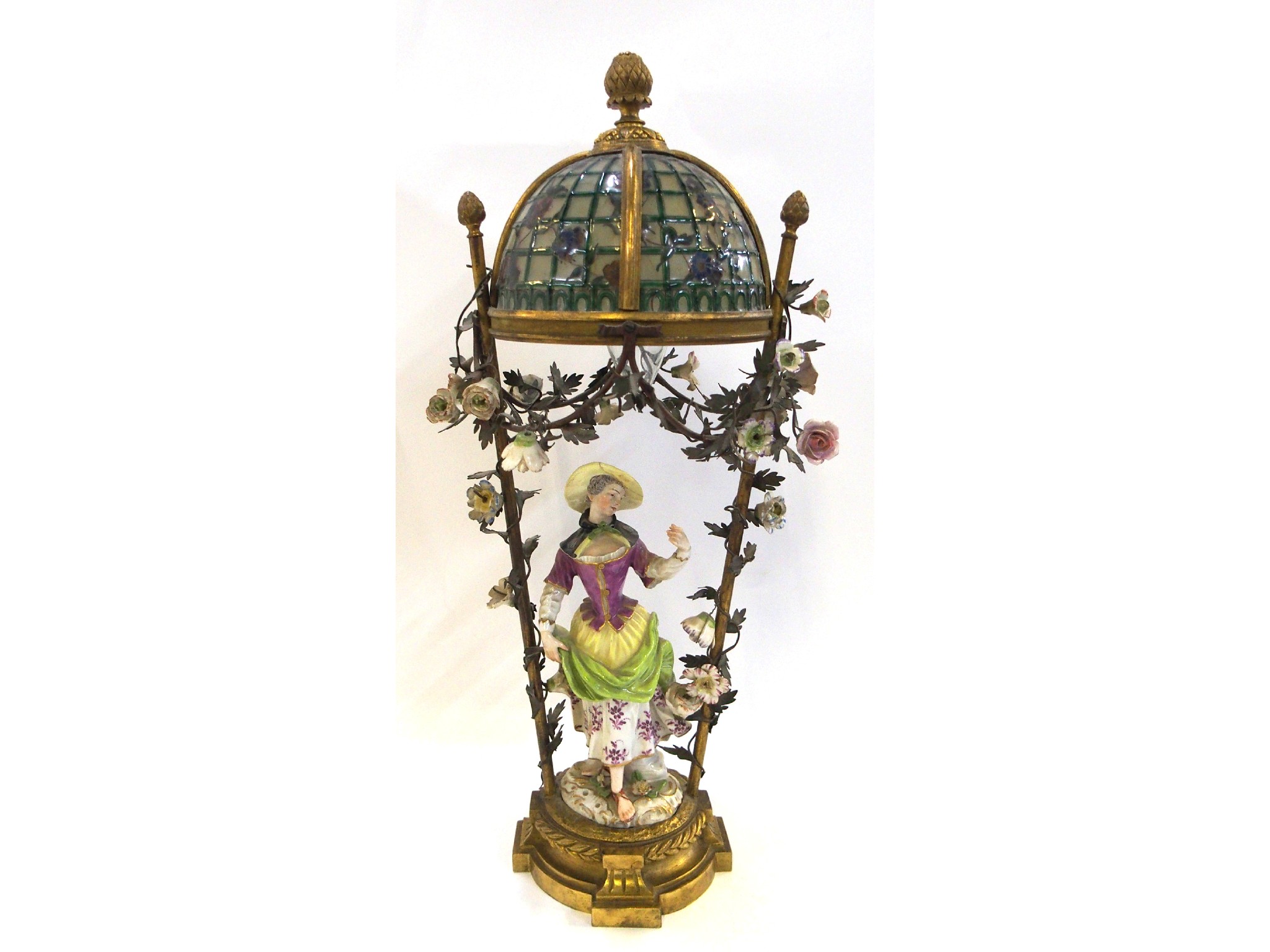 Appraisal: Continental figural table lamp with glass shade and applied porcelain