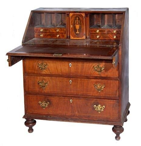 Appraisal: A GEORGE III MAHOGANY SHERATON STYLE BUREAU with plain figured