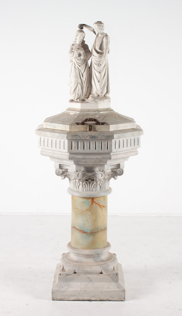 Appraisal: Marbleized wood figural baptismal font th century octagonal pedestal-form font