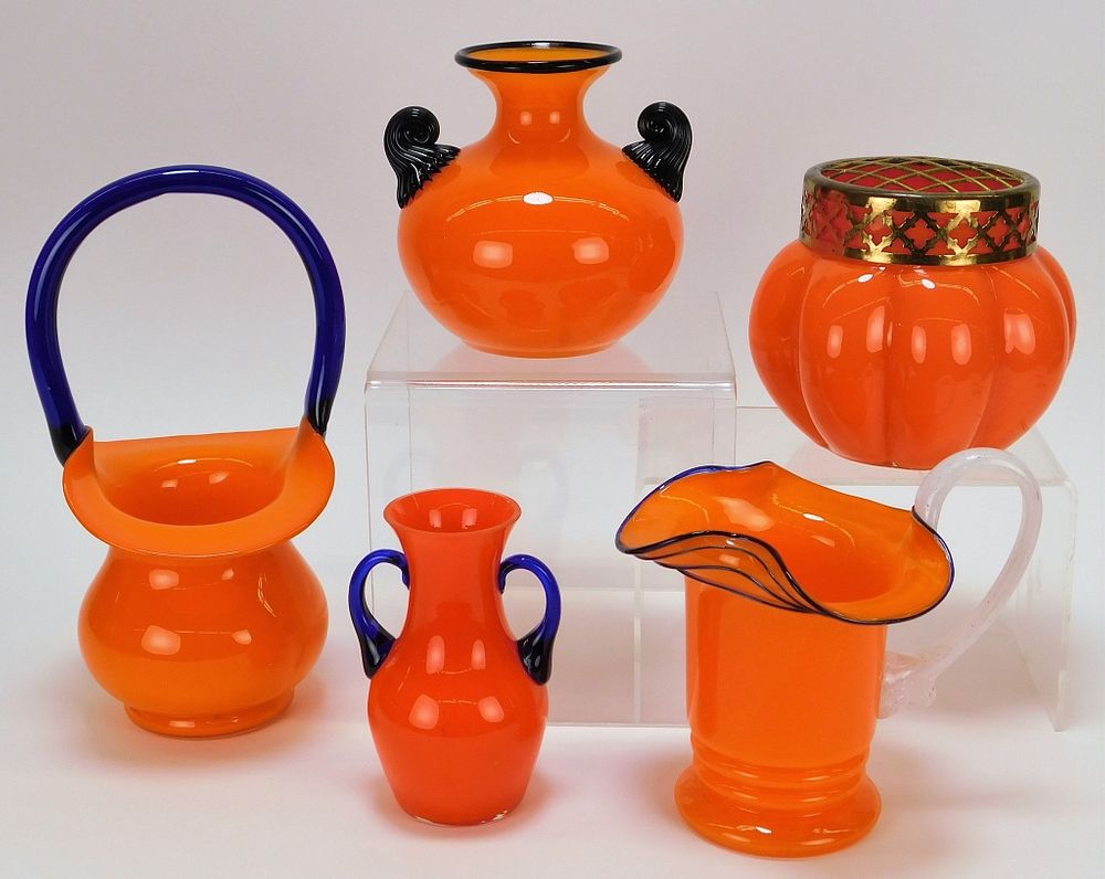 Appraisal: Orange Tango Bohemian Czech Art Glass Vase Group Bohemia Early