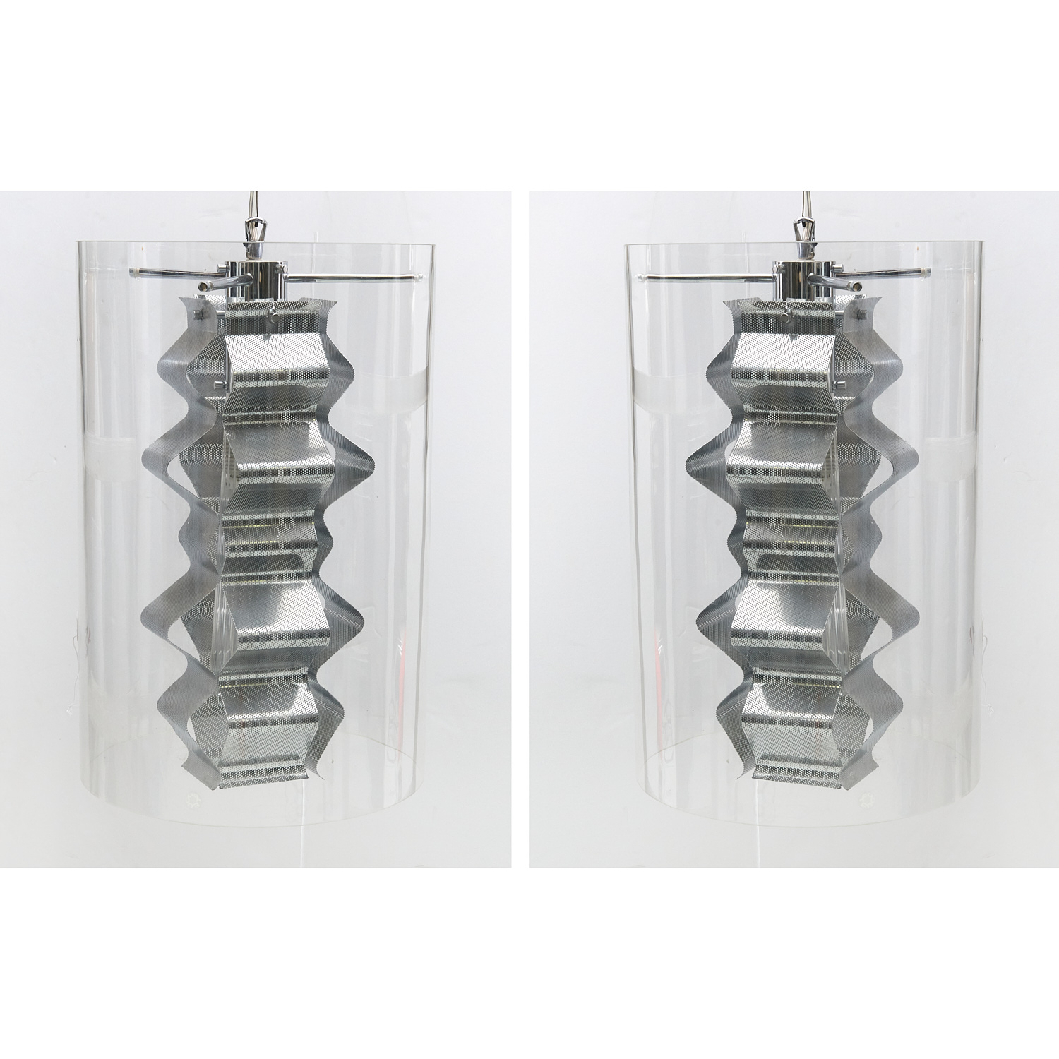 Appraisal: PAIR LEUCOS CYLINDER PENDANT LIGHT FIXTURES st c chromed metal