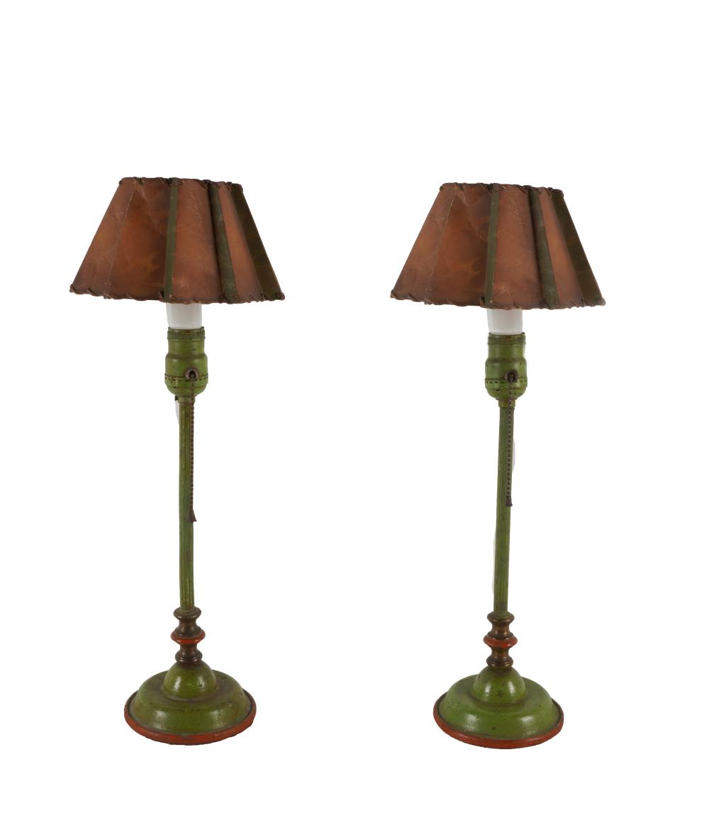 Appraisal: PAIR OF PAINTED METAL BOUDOIR LAMPSeach with paper shade Condition