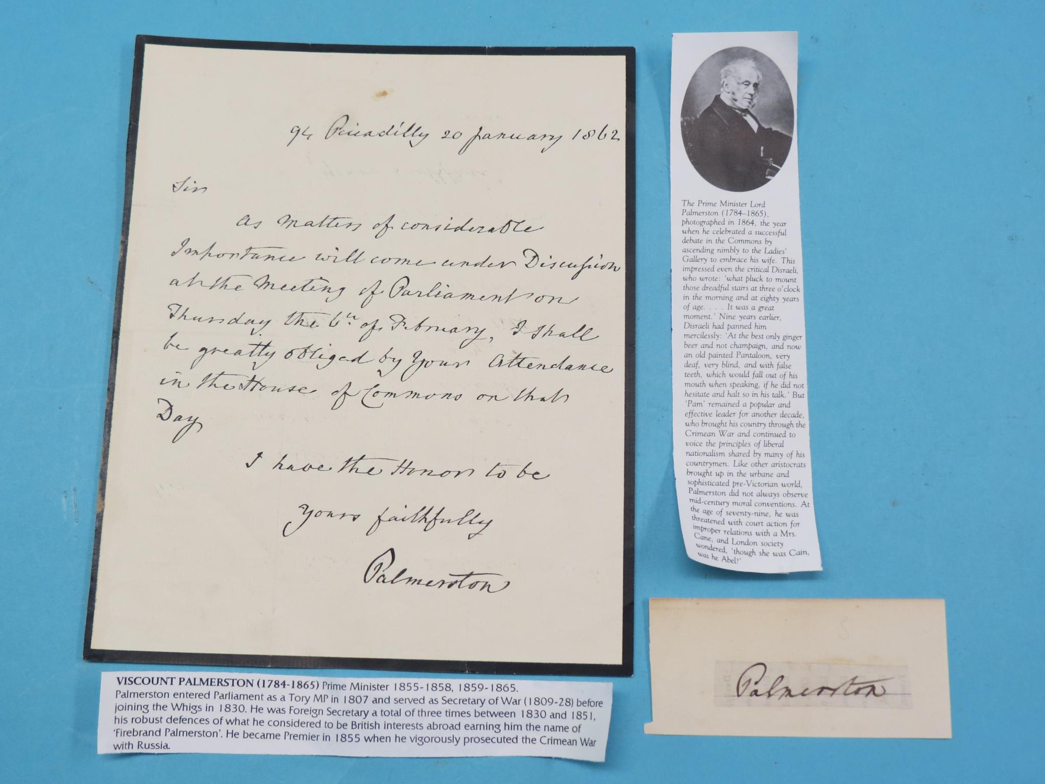 Appraisal: Lord Palmerston - - British Prime Minister signed letter and