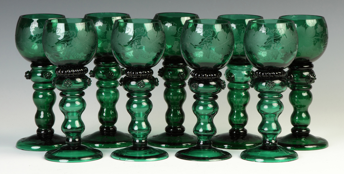 Appraisal: Group of Nine Similar Bohemian Engraved Goblets th cent matching