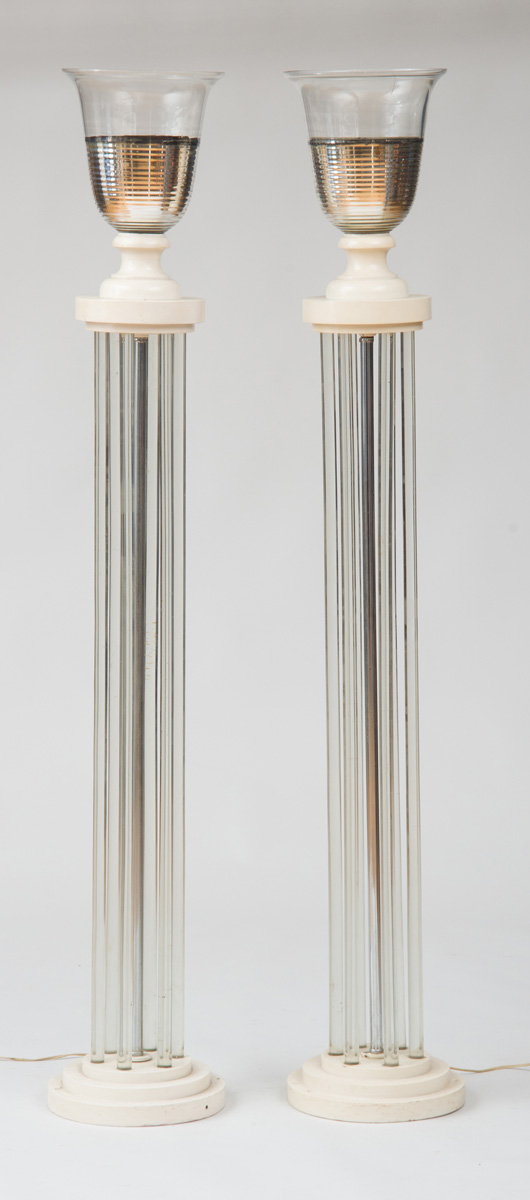 Appraisal: PAIR OF TORCHERES SYRIE MAUGHAM C Mercury glass glass rods